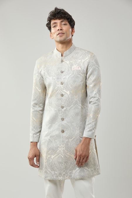 Arihant Rai Sinha_Gold And Grey Woven Jacquard Sherwani Set _at_Aza_Fashions