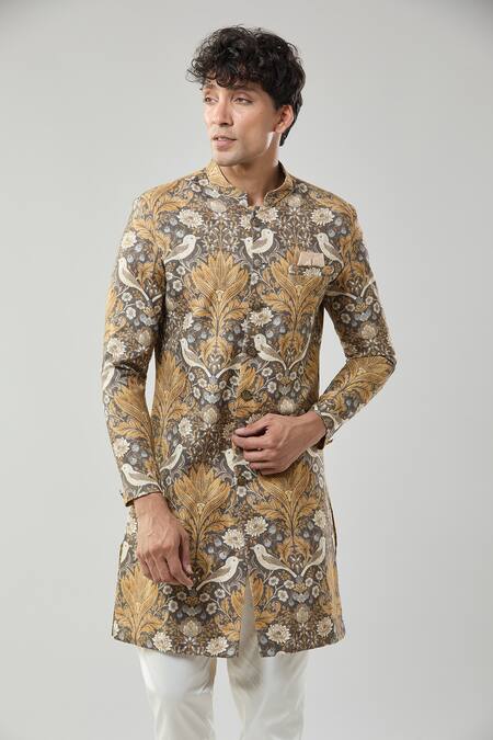 Arihant Rai Sinha Brown Embroidery Floral Print Semi Indo Sherwani Set Online at Aza Fashions Arihant Rai Sinha_Brown Embroidery Floral Print Semi Indo Sherwani Set _Online_at_Aza_Fashions