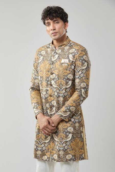 Buy Arihant Rai Sinha Brown Embroidery Floral Print Semi Indo Sherwani Set Online at Aza Fashions Buy_Arihant Rai Sinha_Brown Embroidery Floral Print Semi Indo Sherwani Set _Online_at_Aza_Fashions
