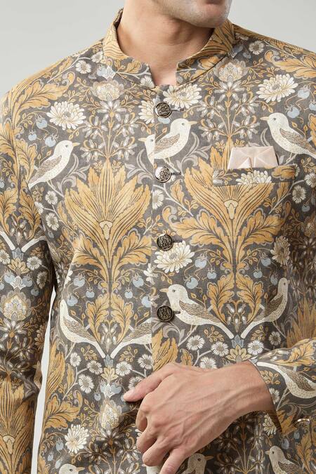 Shop Arihant Rai Sinha Brown Embroidery Floral Print Semi Indo Sherwani Set Online at Aza Fashions Shop_Arihant Rai Sinha_Brown Embroidery Floral Print Semi Indo Sherwani Set _Online_at_Aza_Fashions