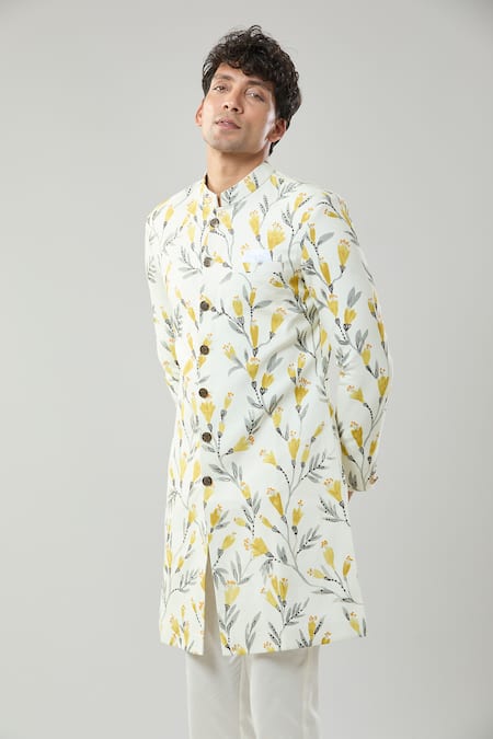 Arihant Rai Sinha_Cream Floral Print Semi Indo Sherwani Set _Online_at_Aza_Fashions