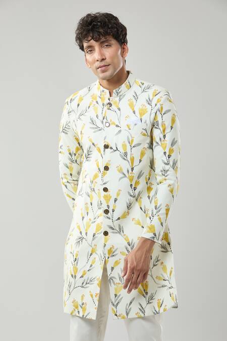 Buy_Arihant Rai Sinha_Cream Floral Print Semi Indo Sherwani Set _Online_at_Aza_Fashions