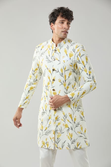 Shop_Arihant Rai Sinha_Cream Floral Print Semi Indo Sherwani Set _Online_at_Aza_Fashions