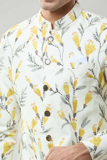 Arihant Rai Sinha_Cream Floral Print Semi Indo Sherwani Set _at_Aza_Fashions