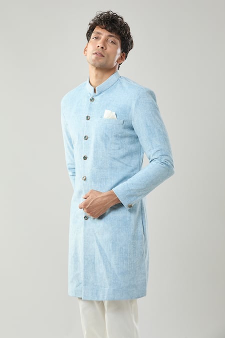 Shop_Arihant Rai Sinha_Blue Swad Velvet Sherwani And White Pollo Pant _Online_at_Aza_Fashions