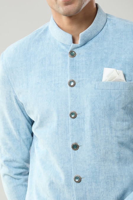 Arihant Rai Sinha_Blue Swad Velvet Sherwani And White Pollo Pant _at_Aza_Fashions