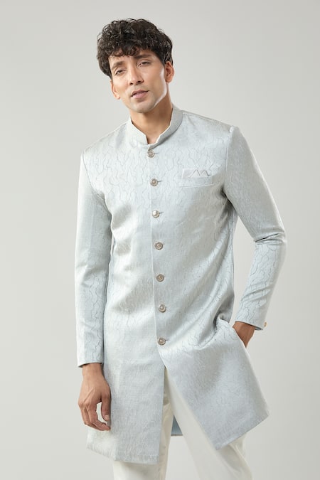 Arihant Rai Sinha_Gray Grey Woven Jacquard Sherwani Set _Online_at_Aza_Fashions