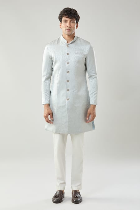 Arihant Rai Sinha_Gray Grey Woven Jacquard Sherwani Set _at_Aza_Fashions