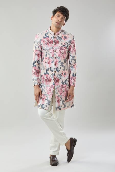 Arihant Rai Sinha_Peach Floral Print Sherwani And White Pollo Pant _Online_at_Aza_Fashions