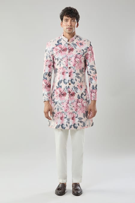 Buy_Arihant Rai Sinha_Peach Floral Print Sherwani And White Pollo Pant _Online_at_Aza_Fashions