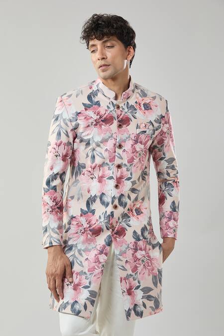 Shop_Arihant Rai Sinha_Peach Floral Print Sherwani And White Pollo Pant _Online_at_Aza_Fashions