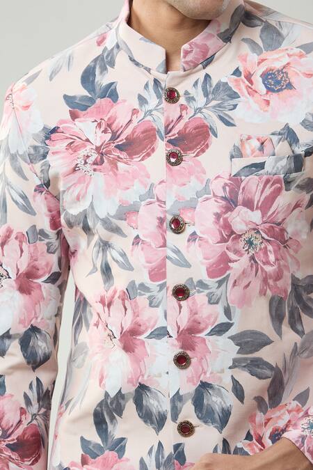 Buy_Arihant Rai Sinha_Peach Floral Print Sherwani And White Pollo Pant 
