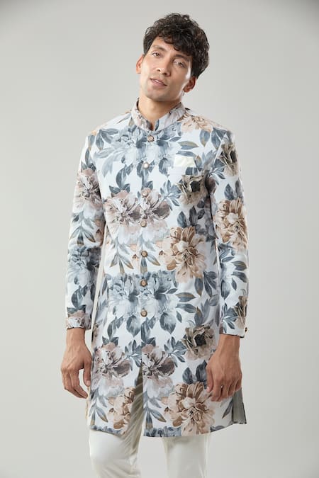 Arihant Rai Sinha_Multi Color Floral Print Semi Indo Sherwani Set _Online_at_Aza_Fashions