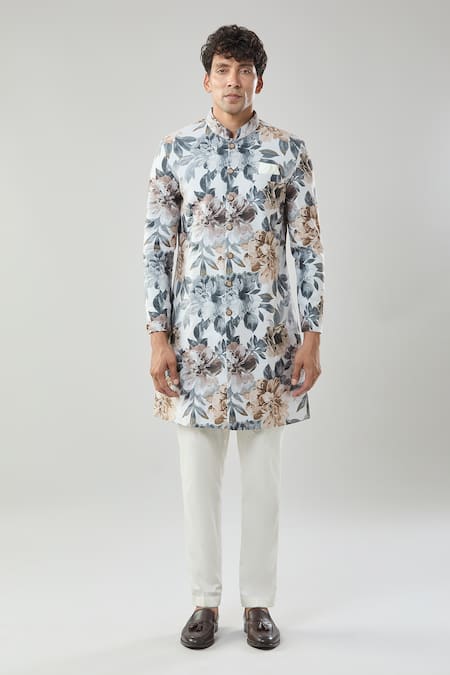 Buy_Arihant Rai Sinha_Multi Color Floral Print Semi Indo Sherwani Set _Online_at_Aza_Fashions