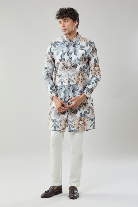 Shop_Arihant Rai Sinha_Multi Color Floral Print Semi Indo Sherwani Set _Online_at_Aza_Fashions