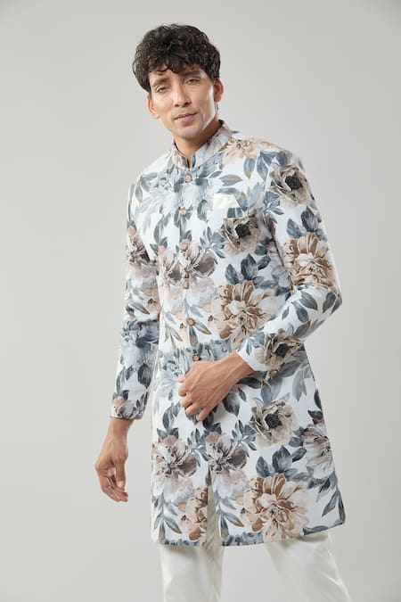 Arihant Rai Sinha_Multi Color Floral Print Semi Indo Sherwani Set _at_Aza_Fashions