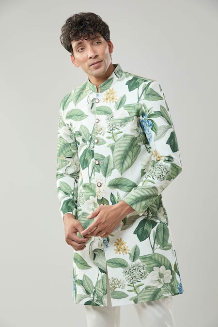 Arihant Rai Sinha_Cream Floral Print Semi Indo Sherwani Set _Online_at_Aza_Fashions
