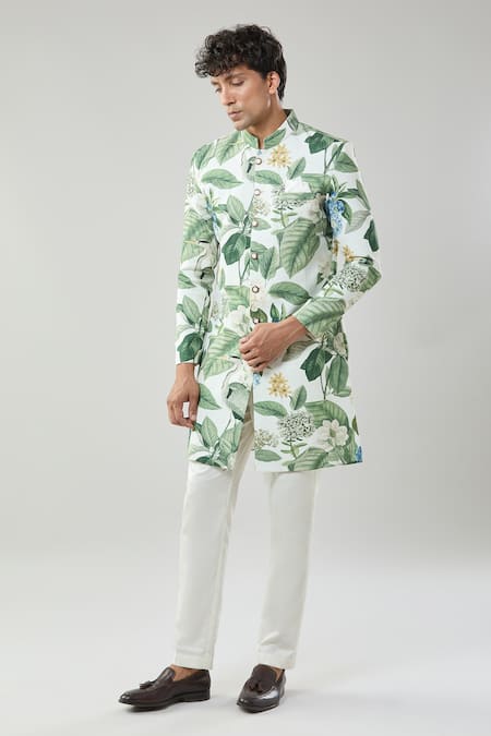 Buy_Arihant Rai Sinha_Cream Floral Print Semi Indo Sherwani Set _Online_at_Aza_Fashions