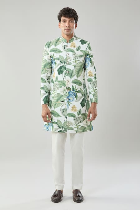 Arihant Rai Sinha_Cream Floral Print Semi Indo Sherwani Set _at_Aza_Fashions