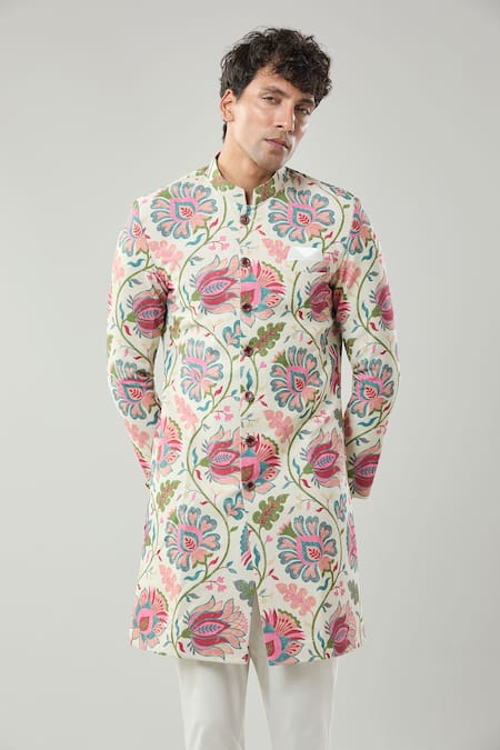 Arihant Rai Sinha_Beige Linen Embroidery Floral Printed Sherwani Set _Online_at_Aza_Fashions