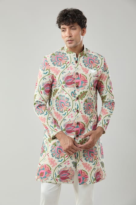 Buy_Arihant Rai Sinha_Beige Linen Embroidery Floral Printed Sherwani Set _Online_at_Aza_Fashions