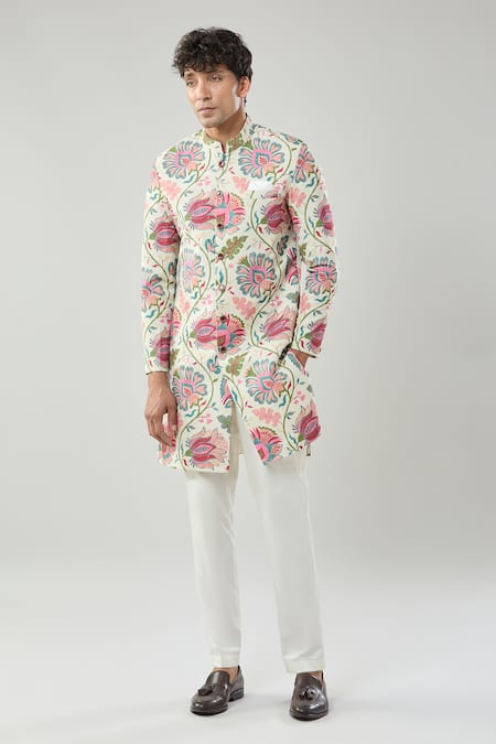 Shop_Arihant Rai Sinha_Beige Linen Embroidery Floral Printed Sherwani Set _Online_at_Aza_Fashions