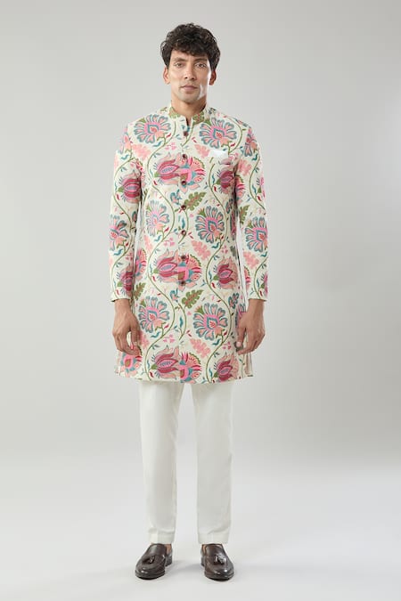 Buy_Arihant Rai Sinha_Beige Linen Embroidery Floral Printed Sherwani Set 