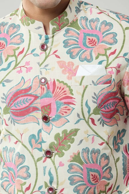 Shop_Arihant Rai Sinha_Beige Linen Embroidery Floral Printed Sherwani Set 