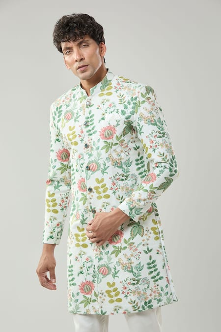 Arihant Rai Sinha_Cream Floral Print Semi Indo Sherwani Set _Online_at_Aza_Fashions