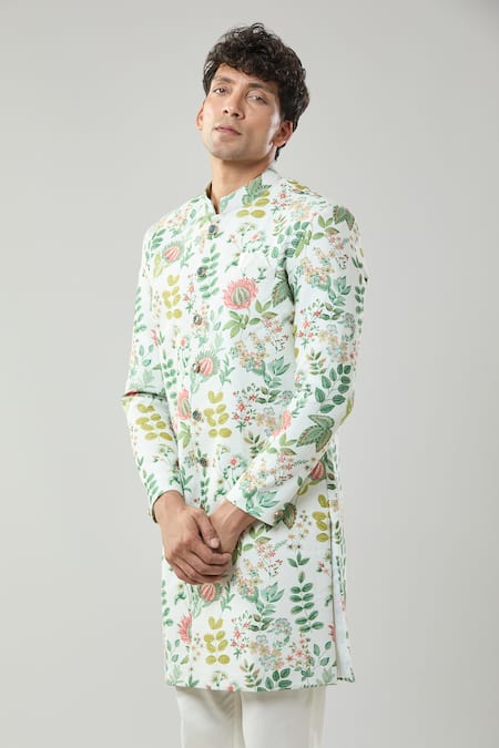 Buy_Arihant Rai Sinha_Cream Floral Print Semi Indo Sherwani Set _Online_at_Aza_Fashions