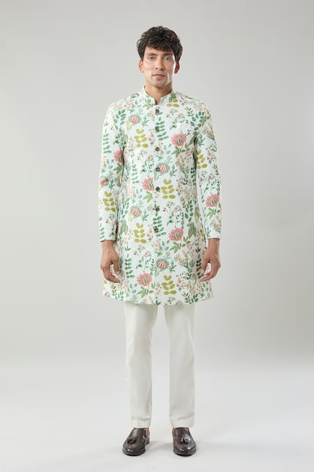 Arihant Rai Sinha_Cream Floral Print Semi Indo Sherwani Set _at_Aza_Fashions