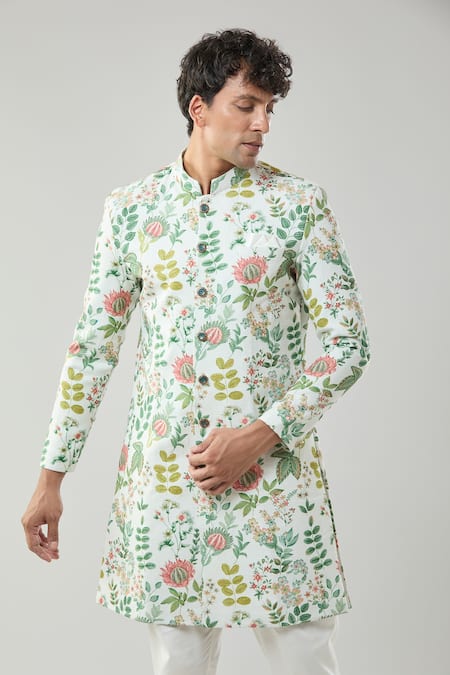 Buy_Arihant Rai Sinha_Cream Floral Print Semi Indo Sherwani Set 