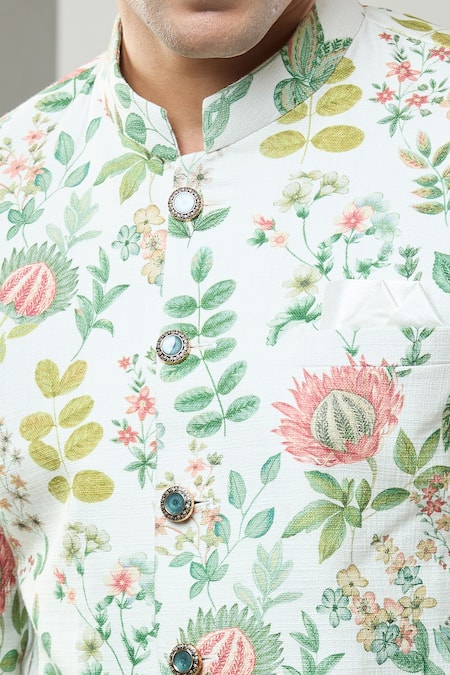 Shop_Arihant Rai Sinha_Cream Floral Print Semi Indo Sherwani Set 