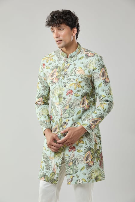 Arihant Rai Sinha_Green Floral Print Semi Indo Sherwani Set _Online_at_Aza_Fashions