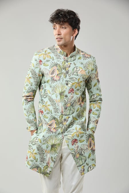 Buy_Arihant Rai Sinha_Green Floral Print Semi Indo Sherwani Set _Online_at_Aza_Fashions