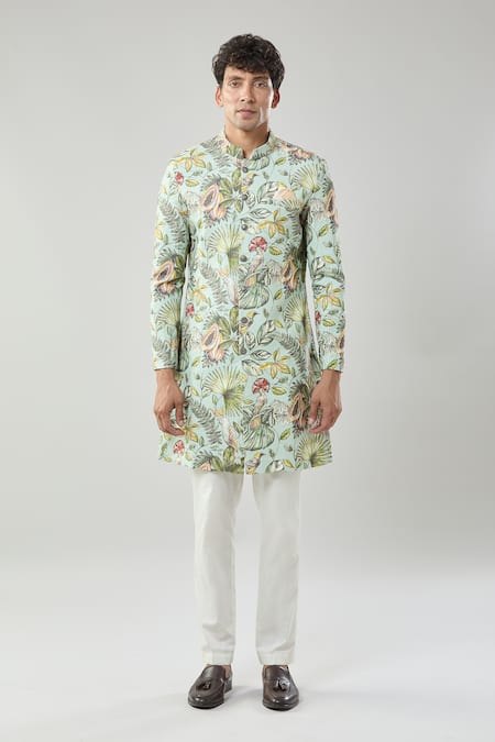 Shop_Arihant Rai Sinha_Green Floral Print Semi Indo Sherwani Set 