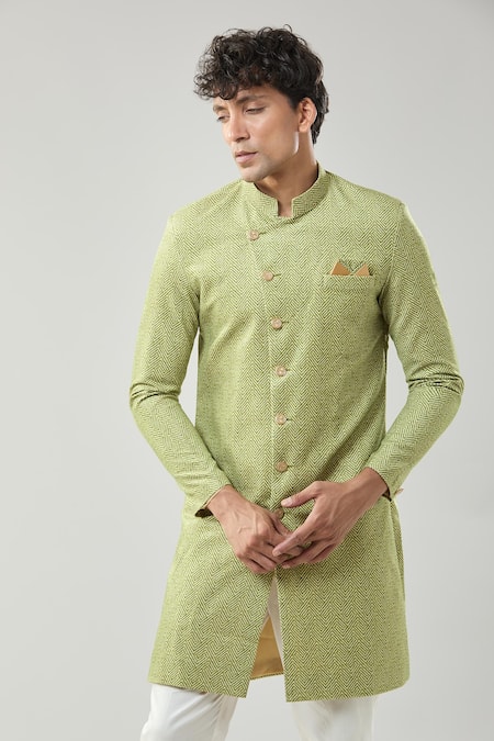 Arihant Rai Sinha_Green Woven Suede Sherwani Set _Online_at_Aza_Fashions