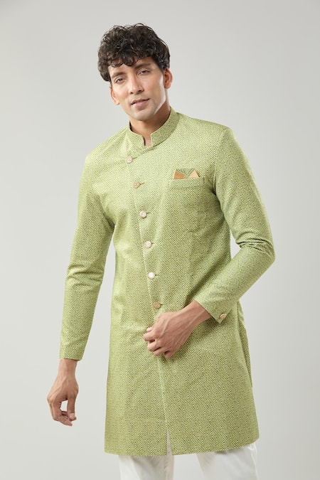 Buy_Arihant Rai Sinha_Green Woven Suede Sherwani Set _Online_at_Aza_Fashions