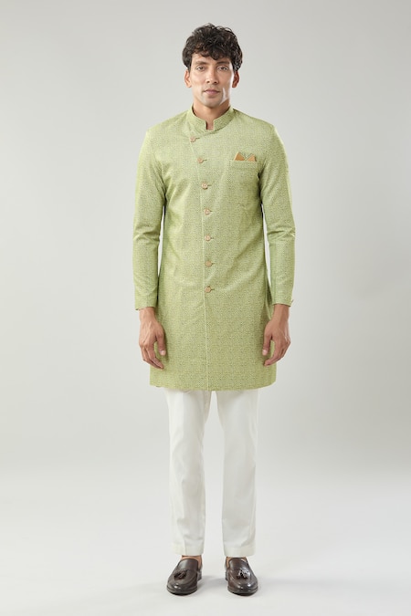 Shop_Arihant Rai Sinha_Green Woven Suede Sherwani Set 