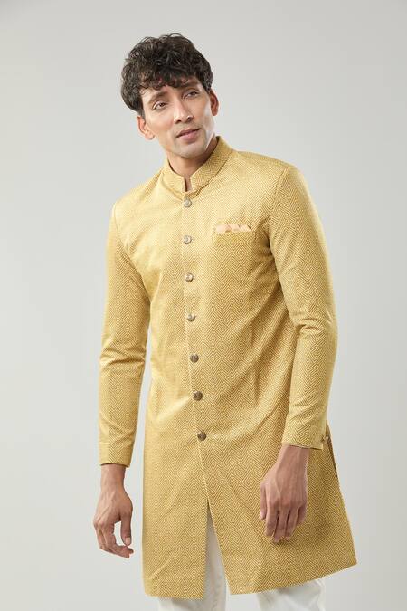 Arihant Rai Sinha_Yellow Woven Suede Sherwani And White Pollo Pant _Online_at_Aza_Fashions