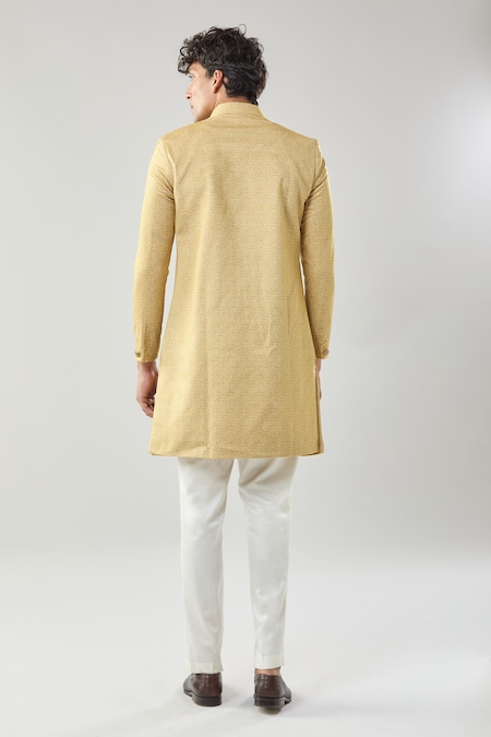 Arihant Rai Sinha Yellow Woven Suede Sherwani & White Pollo Pant 