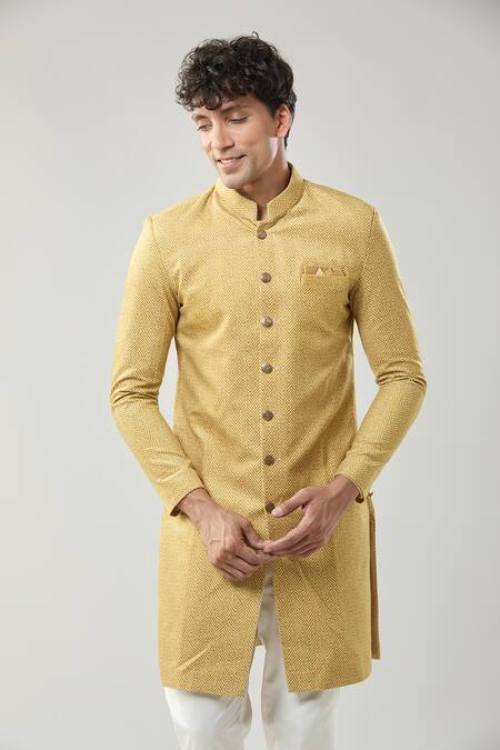 Buy_Arihant Rai Sinha_Yellow Woven Suede Sherwani And White Pollo Pant _Online_at_Aza_Fashions