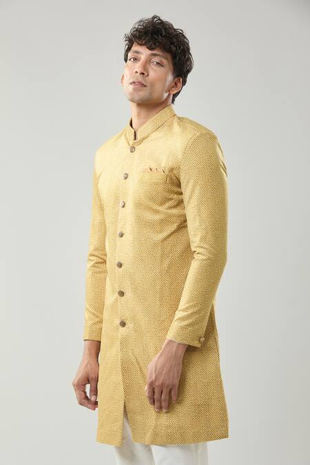 Arihant Rai Sinha_Yellow Woven Suede Sherwani And White Pollo Pant _at_Aza_Fashions