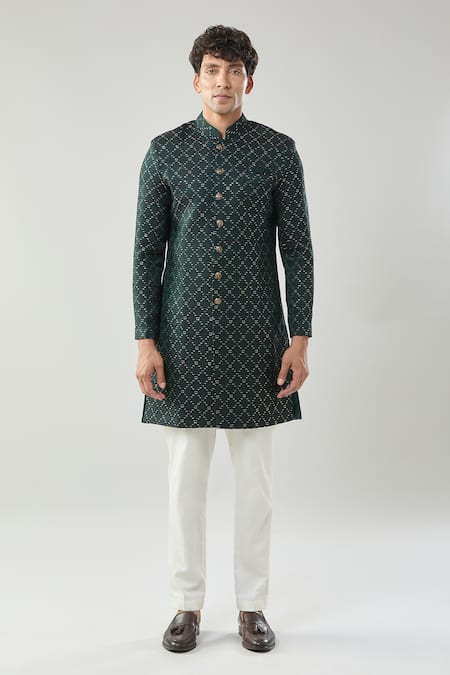 Arihant Rai Sinha_Green Woven Jacquard Sherwani And White Pant _Online_at_Aza_Fashions