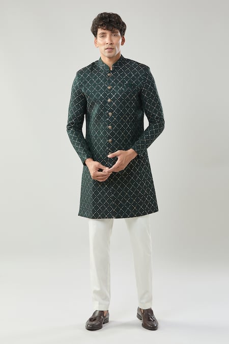Shop_Arihant Rai Sinha_Green Woven Jacquard Sherwani And White Pant 