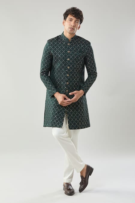 Arihant Rai Sinha_Green Woven Jacquard Sherwani And White Pant _at_Aza_Fashions