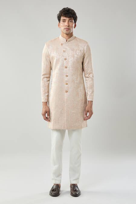Buy_Arihant Rai Sinha_Pink Woven Jacquard Semi Indo Sherwani Set _Online_at_Aza_Fashions