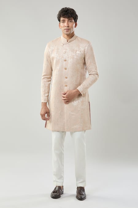 Buy_Arihant Rai Sinha_Pink Woven Jacquard Semi Indo Sherwani Set 