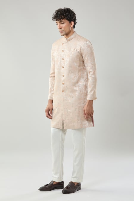 Shop_Arihant Rai Sinha_Pink Woven Jacquard Semi Indo Sherwani Set 