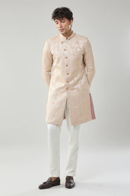 Arihant Rai Sinha_Pink Woven Jacquard Semi Indo Sherwani Set _at_Aza_Fashions
